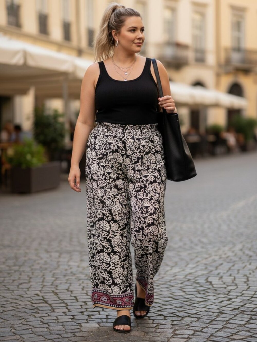 Classic Concepts Wide Leg Pants Womens XL Black White Floral Paisley Excellent